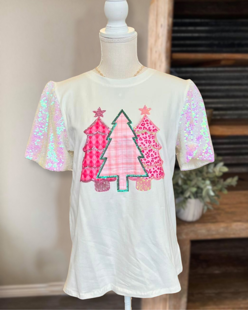 Christmas Tree Print+Sequins Sleeve Tee