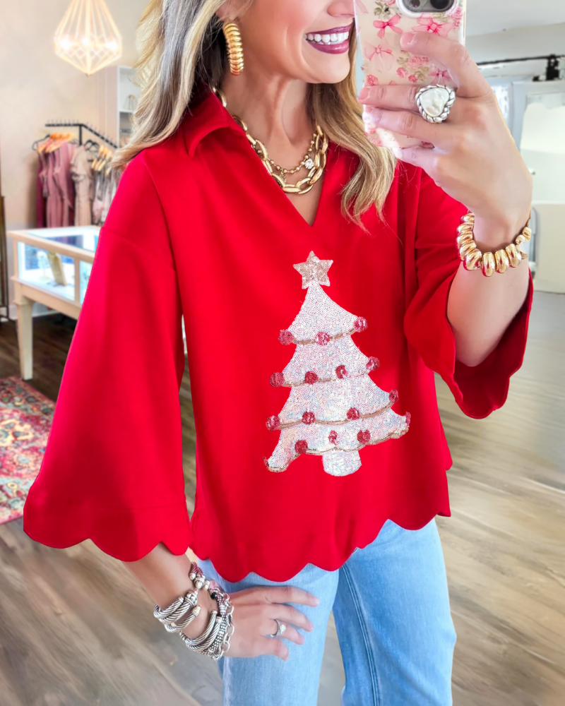 Christmas Tree Sequin V-Neck Top