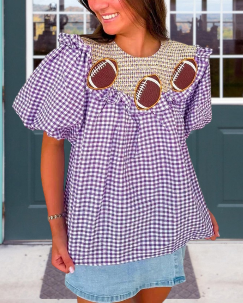 Game Day Plaid Embroidered Pleated T-shirt