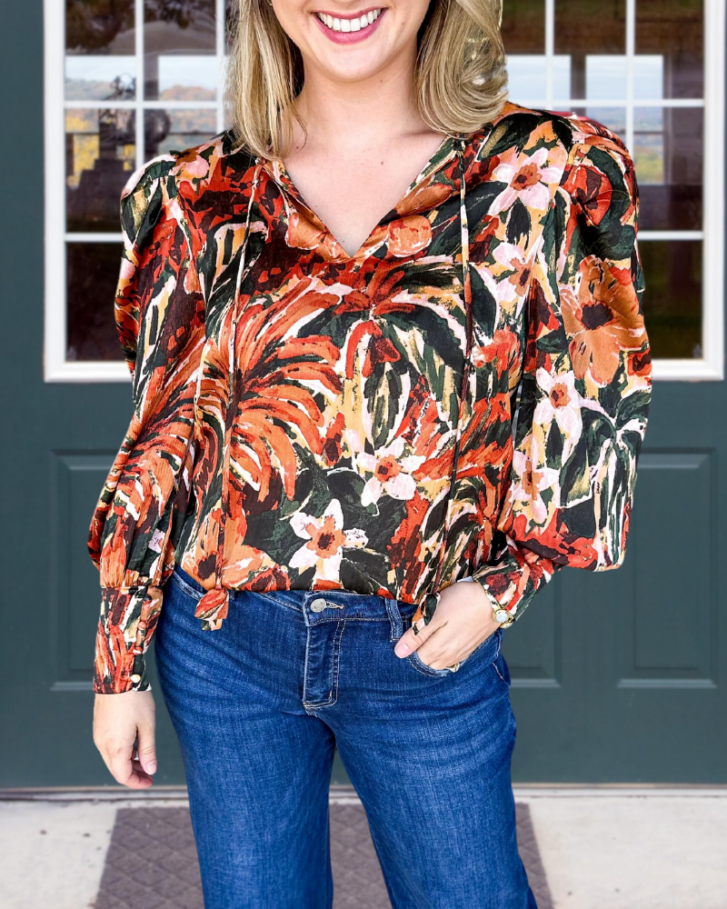 Tie Neck Floral Satin Blouse