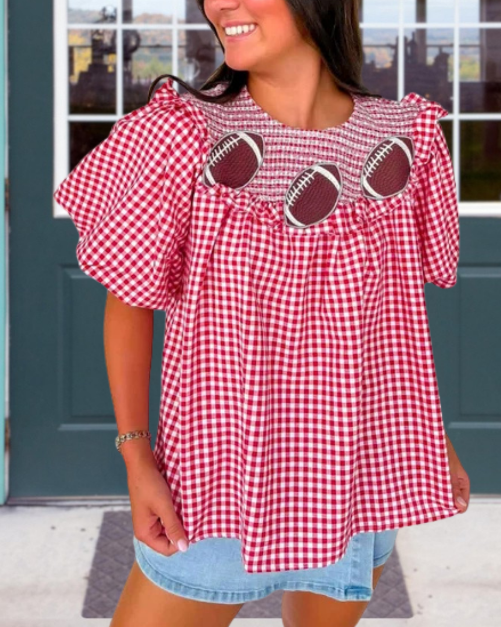 Game Day Plaid Embroidered Pleated T-shirt
