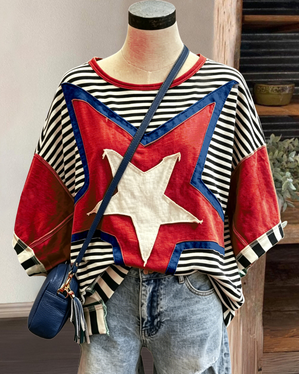 Oversized Star Patchwork Striped Top