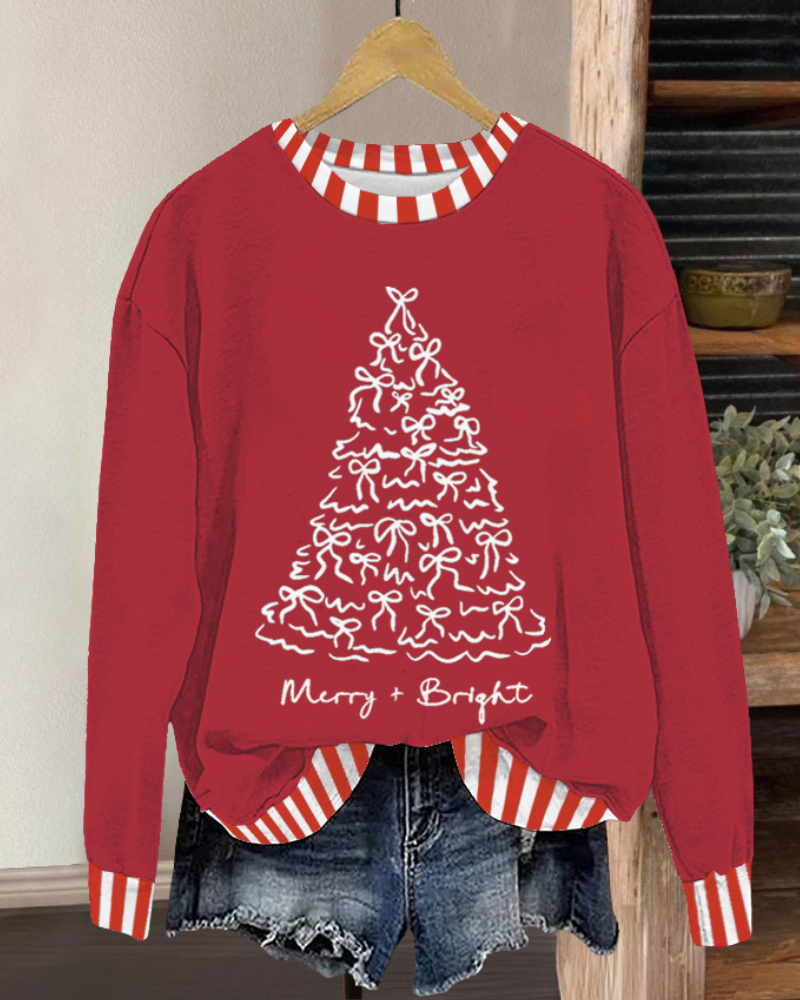 Bow Christmas Tree Stripe Trim Sweatshirt