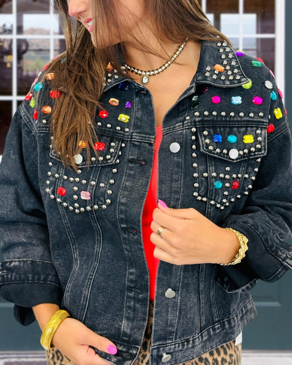 Colorful Rhinestone Studded Denim Jacket