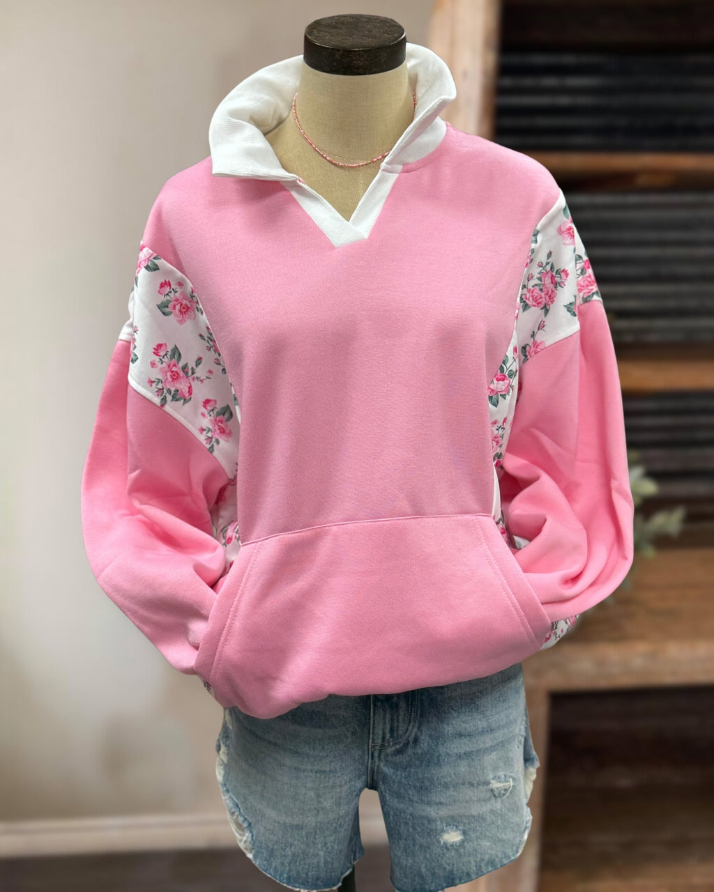 Floral Color Block Lapel Sweatshirt