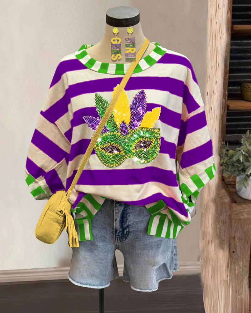 Carnival Mask Print Striped T-Shirt