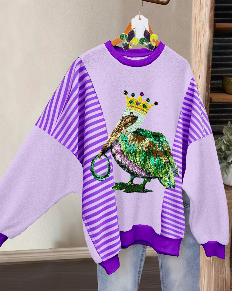 Chic Pelican Print Striped Sweatshirt