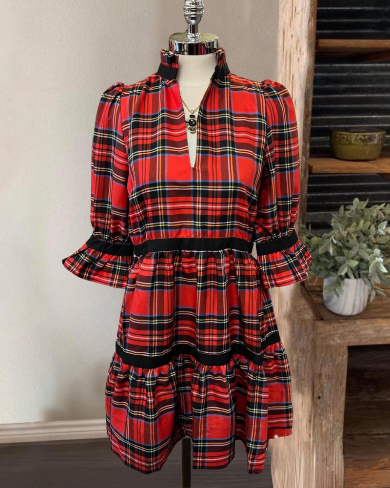 Plaid Ruffle V-Neck Mini Dress