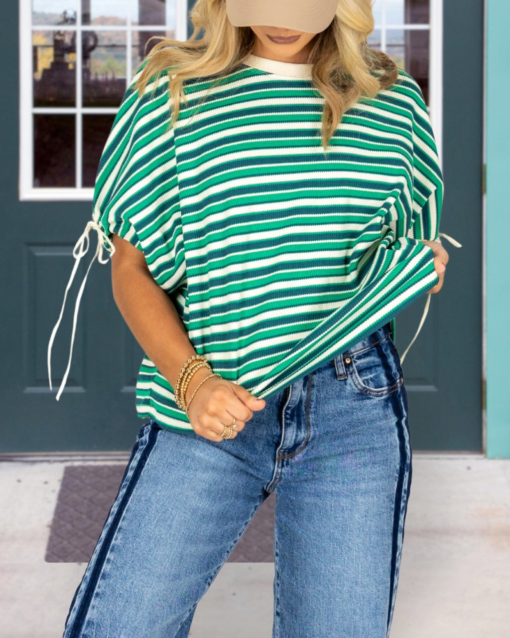 Striped Drawstring Crewneck Top