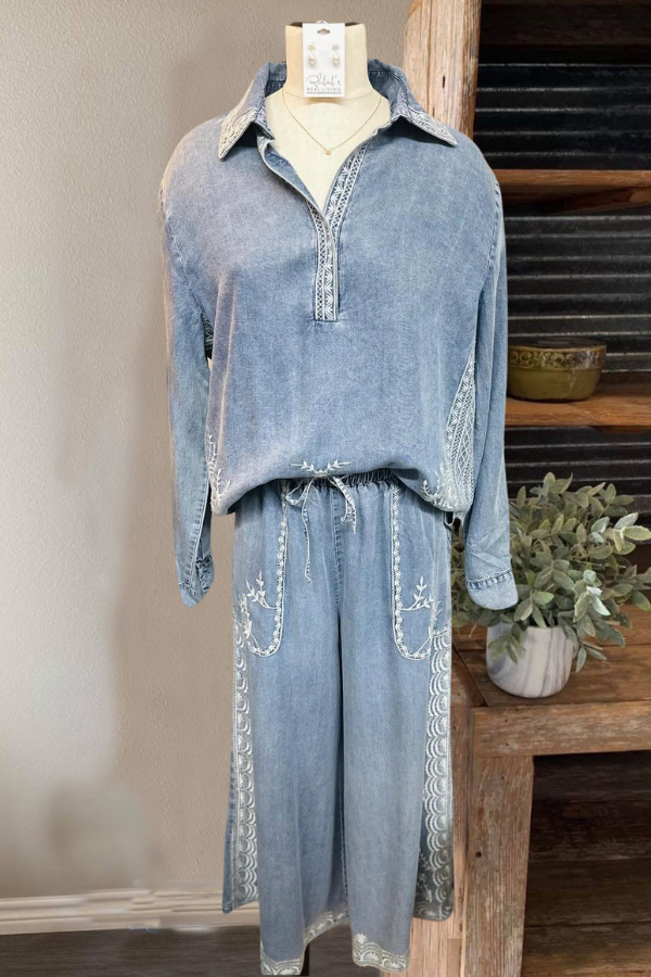 Embroidered Trim Denim Set