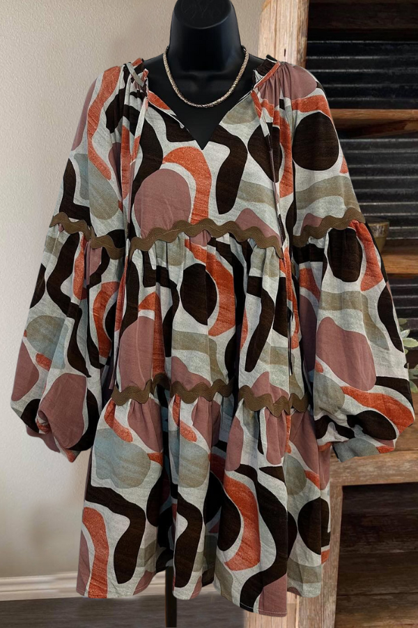 Abstract Pattern Layered V-Neck Dress