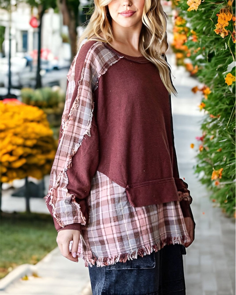 Patchwork Plaid & Waffle Knit Pullover