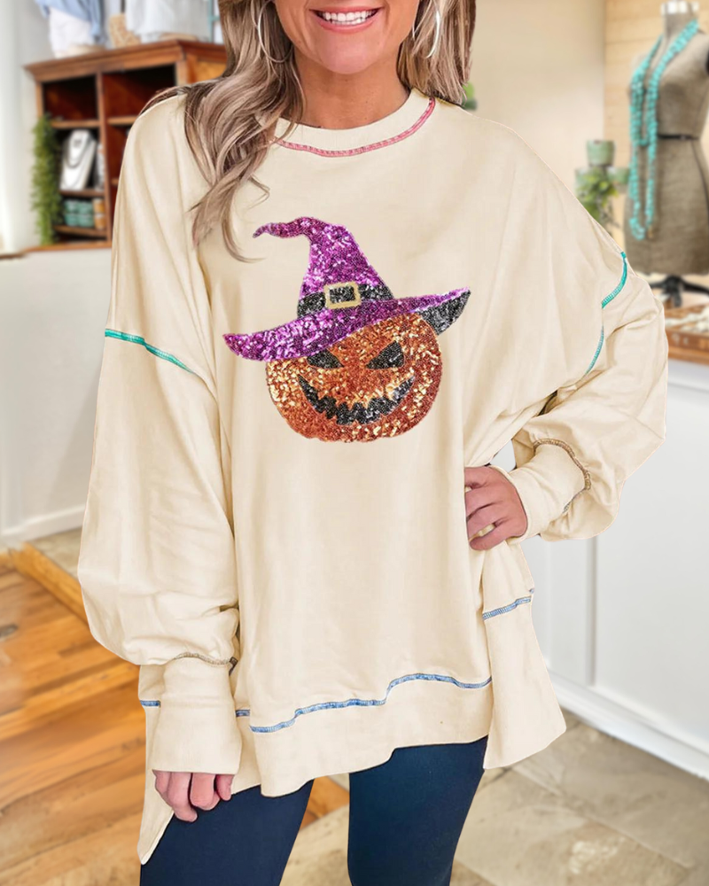 Sequined Pumpkin Sweatshirt with Side Slits