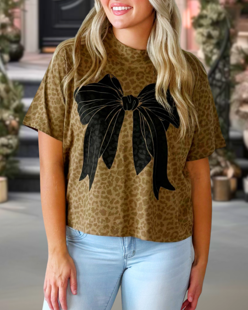 Bow+Leopard Print Tee