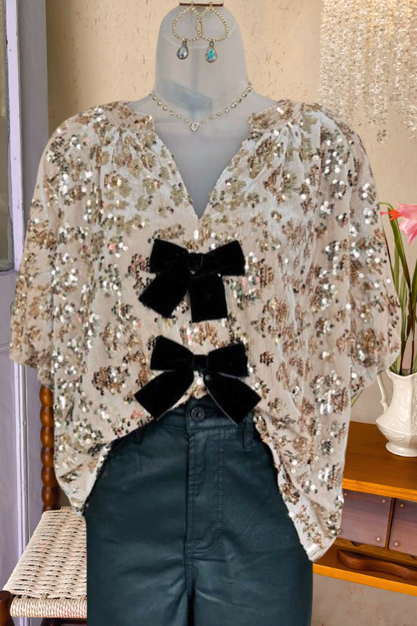 Bow Sequined V-Neck Top