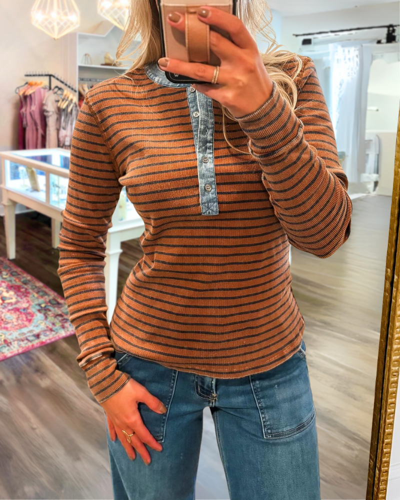 Striped Denim Trim Henley Top