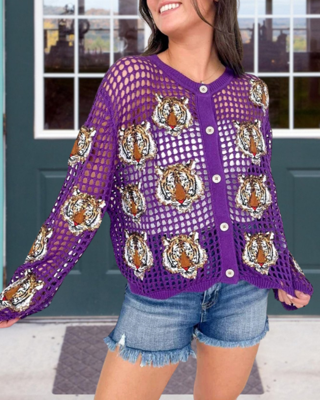 Game Day Tiger-Head Crochet Sequin Top