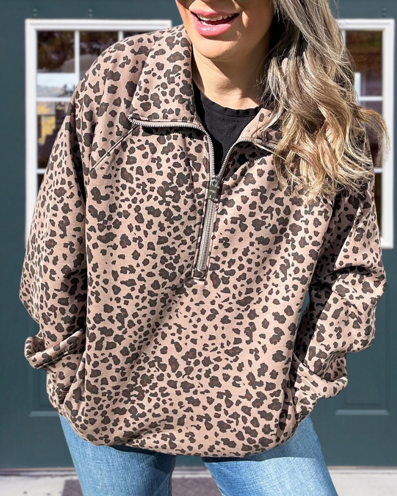 Leopard Half-Zip Lapel Sweatshirt