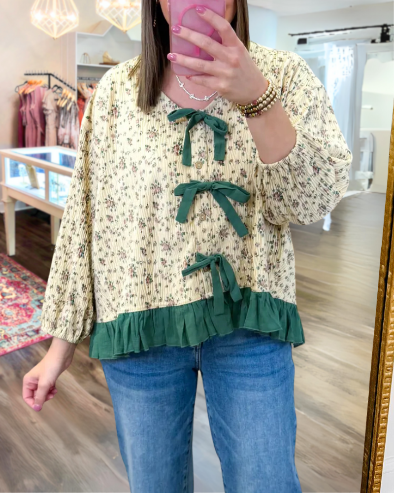 Floral Pleated Bow Tie Top