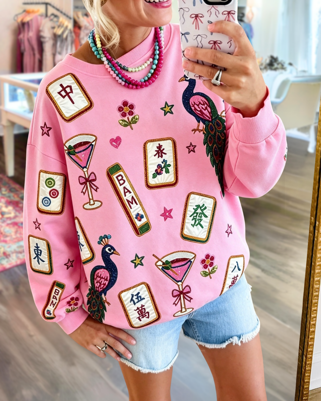 Mahjong Peacock Cocktail Sequined Sweatshirt