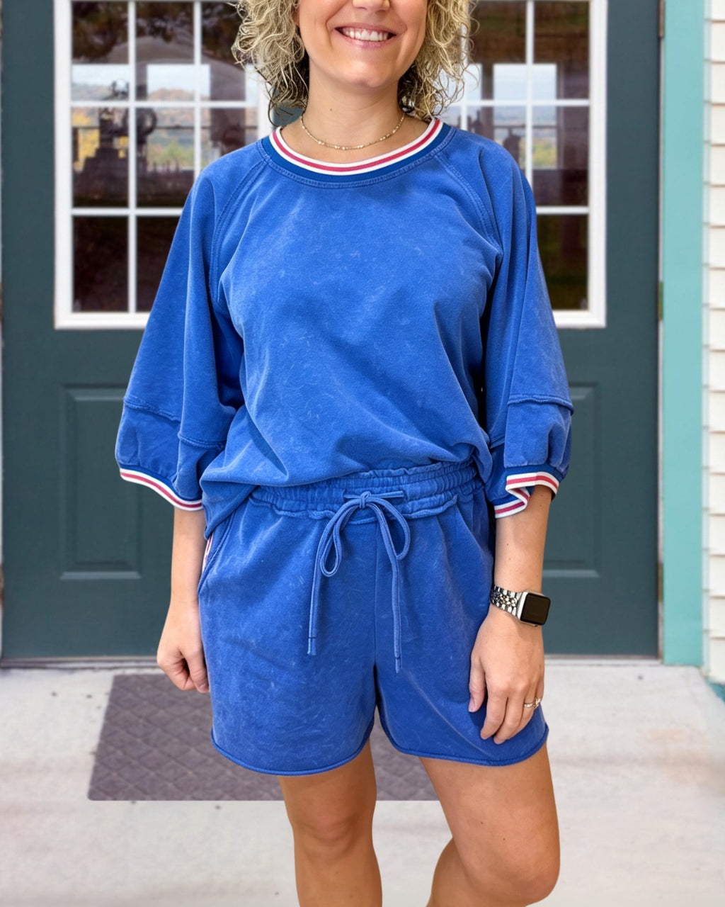 Color-blocked Striped Washed Shorts Set