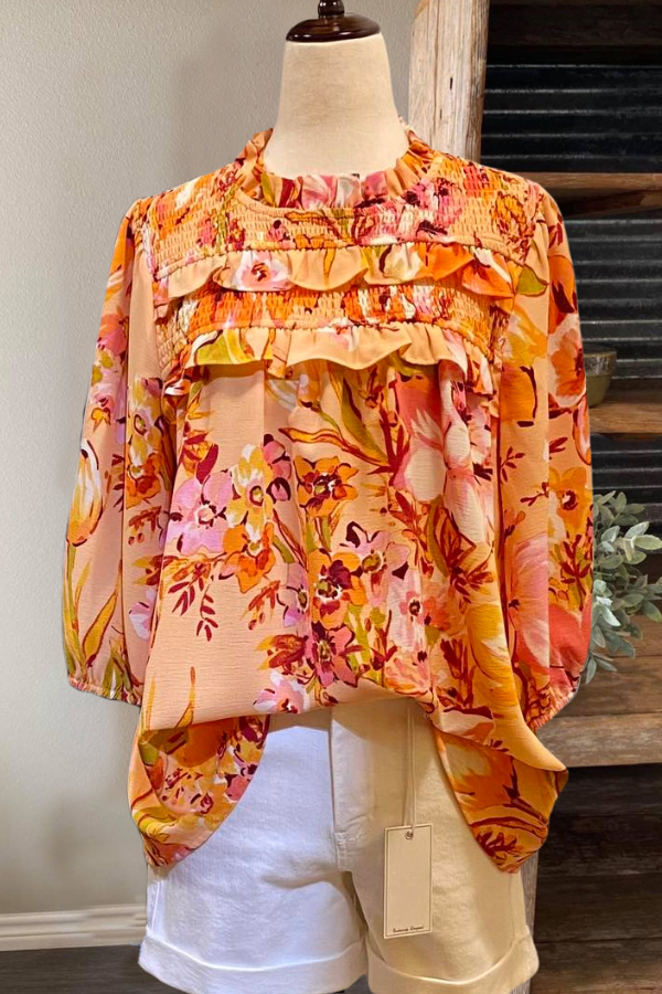 Vivid Floral Pleated Top