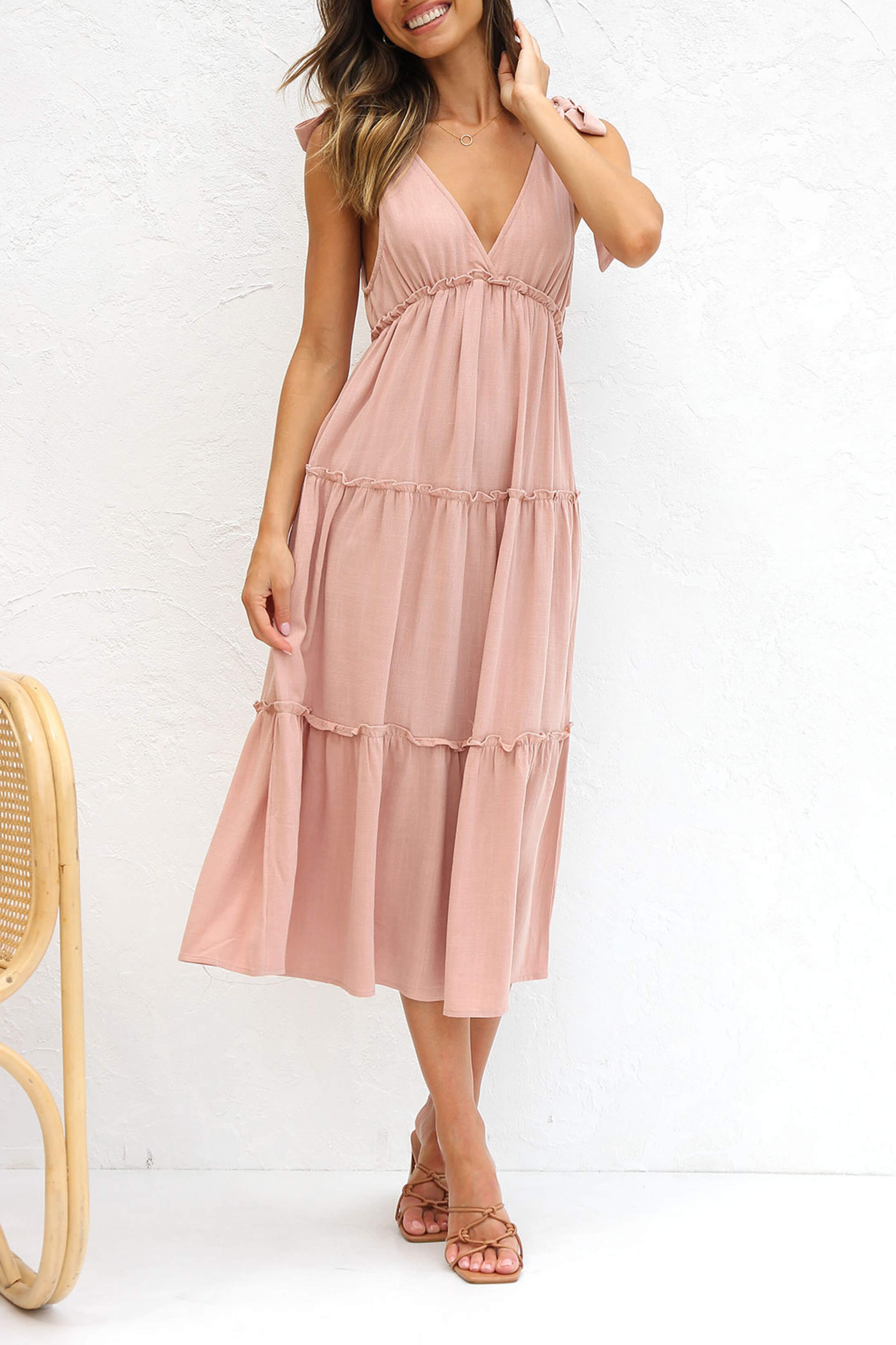 Elegant Linen V-Neck Tie Dress