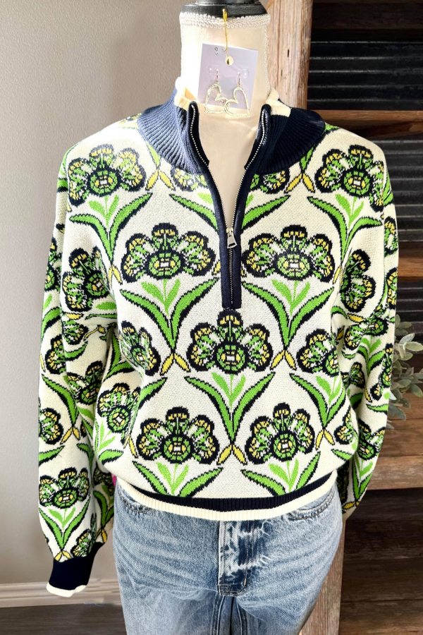 Fashion Floral Half-Zip Sweater