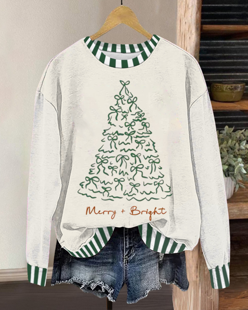 Bow Christmas Tree Stripe Trim Sweatshirt