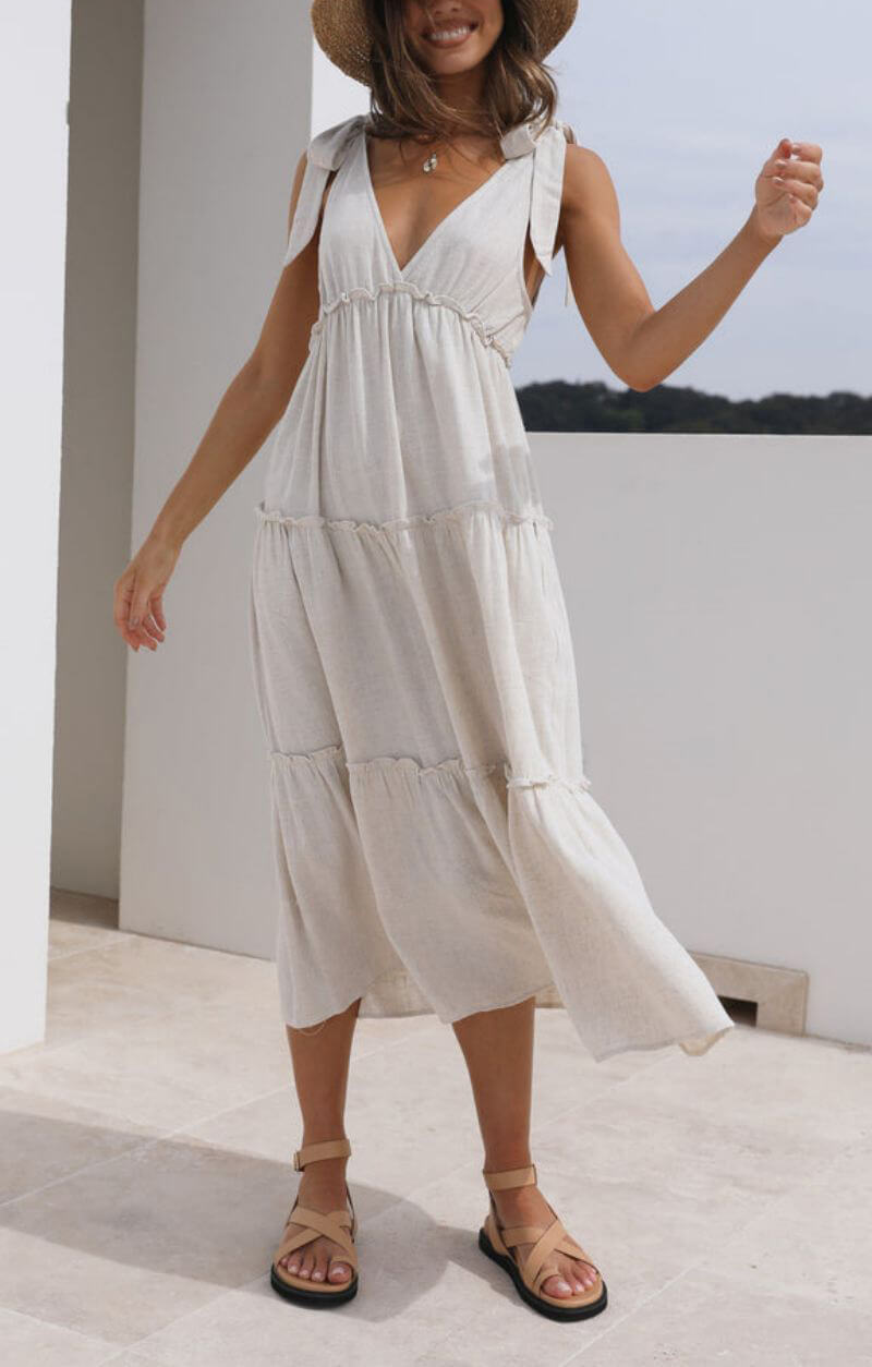 Elegant Linen V-Neck Tie Dress