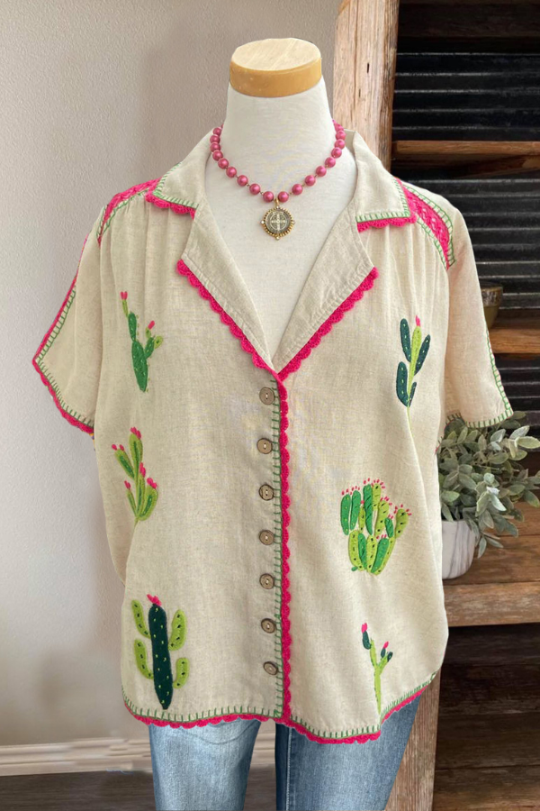Jane Blouse Cactus Embroidery in Cream