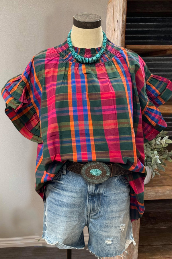 Plaid Flutter Sleeves Top