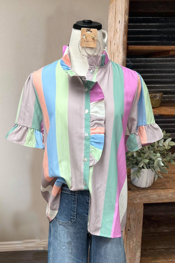 Color Block Ruffle Stripe Blouse