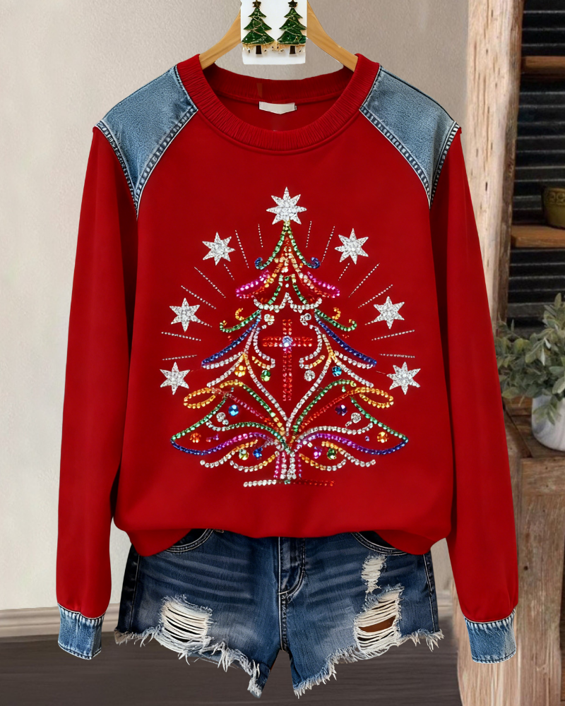 Christmas Tree Denim Patchwork Sweatshirt