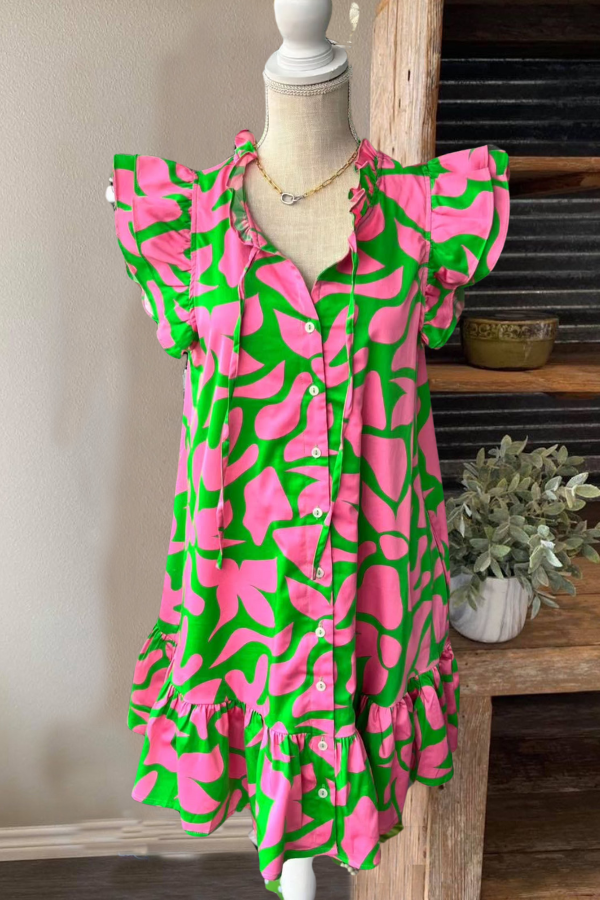 Sweet Abstract Print Ruffle Shirt Dress