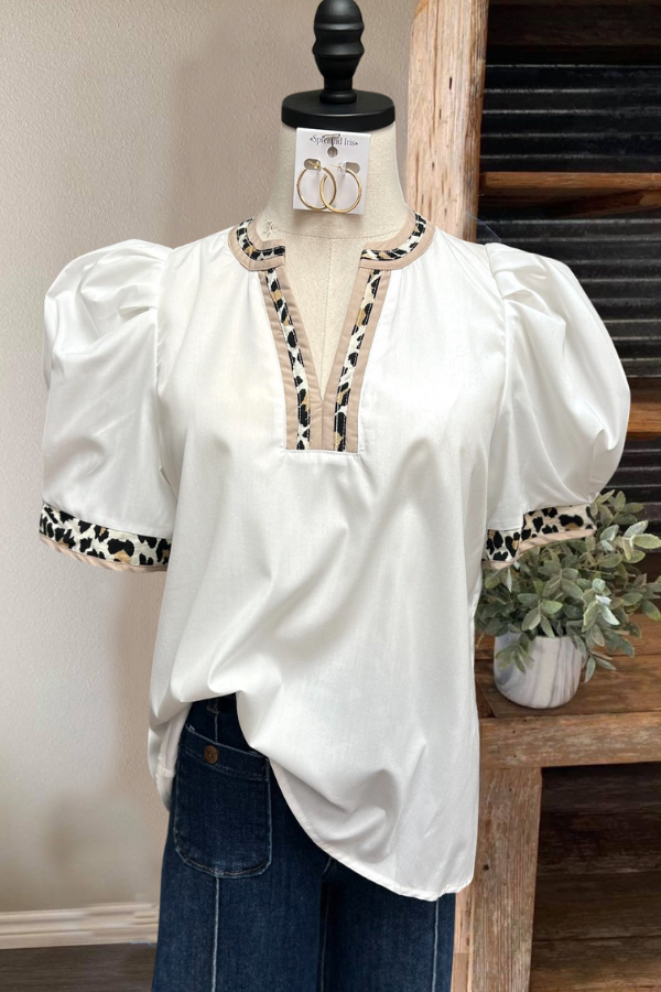 Elegant Leopard Trim V-Neck Top