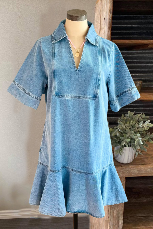 Casual Simple V-neck Denim Dress