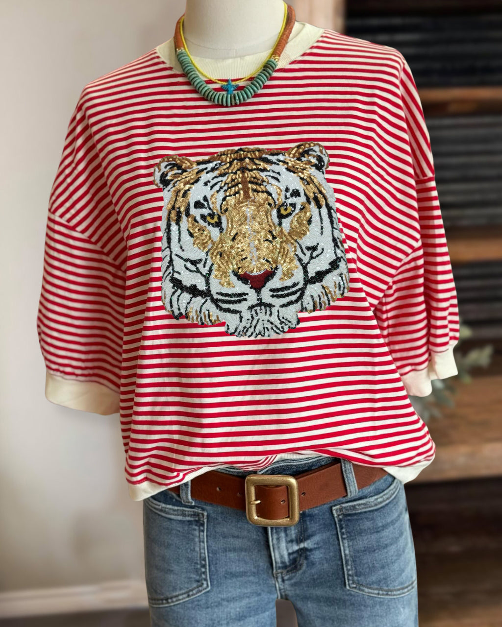 Tiger Sequins Striped Tee