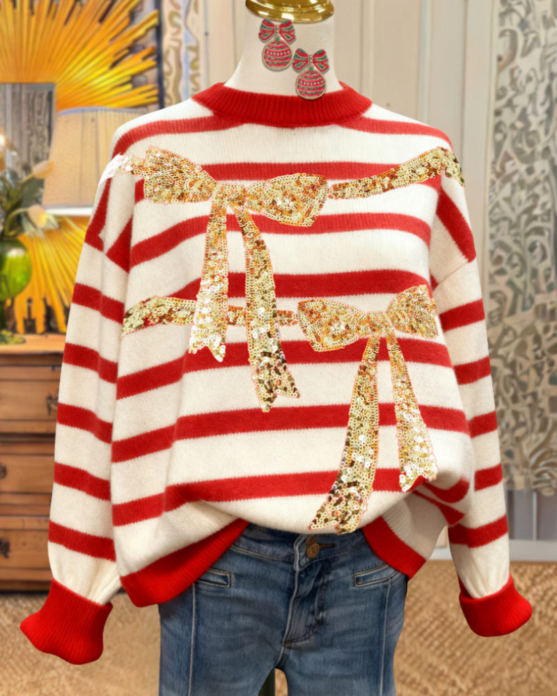 Sparkling Bow Sequined Striped Sweater