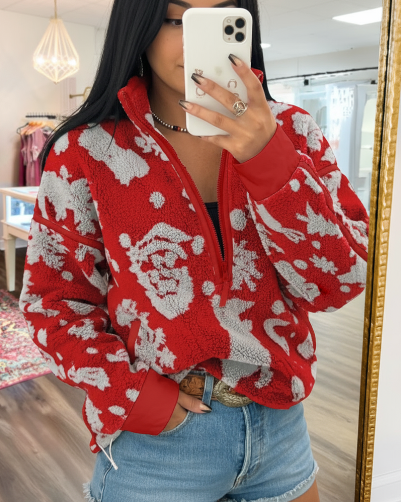 Festive Snowflake Print Fleece Pullover