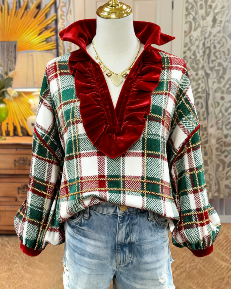 Christmas Plaid Ruffled V-Neck Top