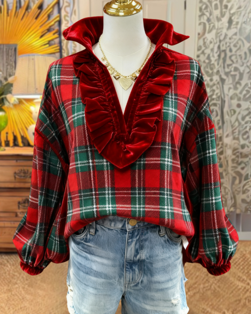Christmas Plaid Ruffled V-Neck Top
