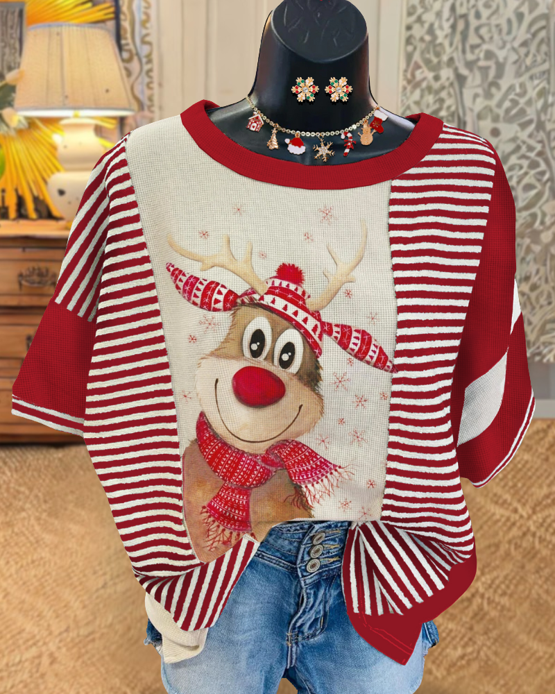 Cute Christmas Reindeer Striped T-shirt
