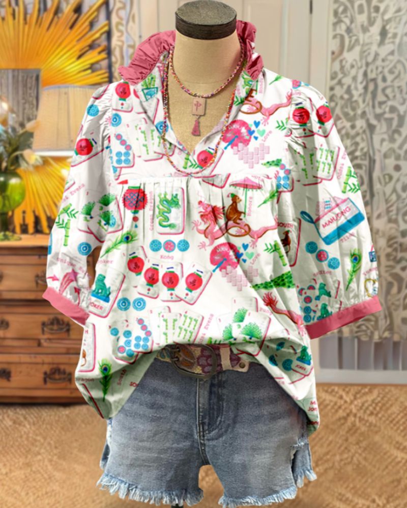 Mahjong Ruffled Satin Top