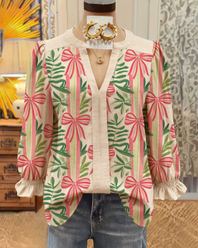 Bow Ruffled V-Neck Top