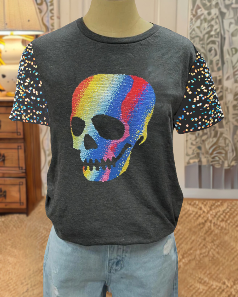 Stylish Rainbow Skull Sequin Sleeve Tee