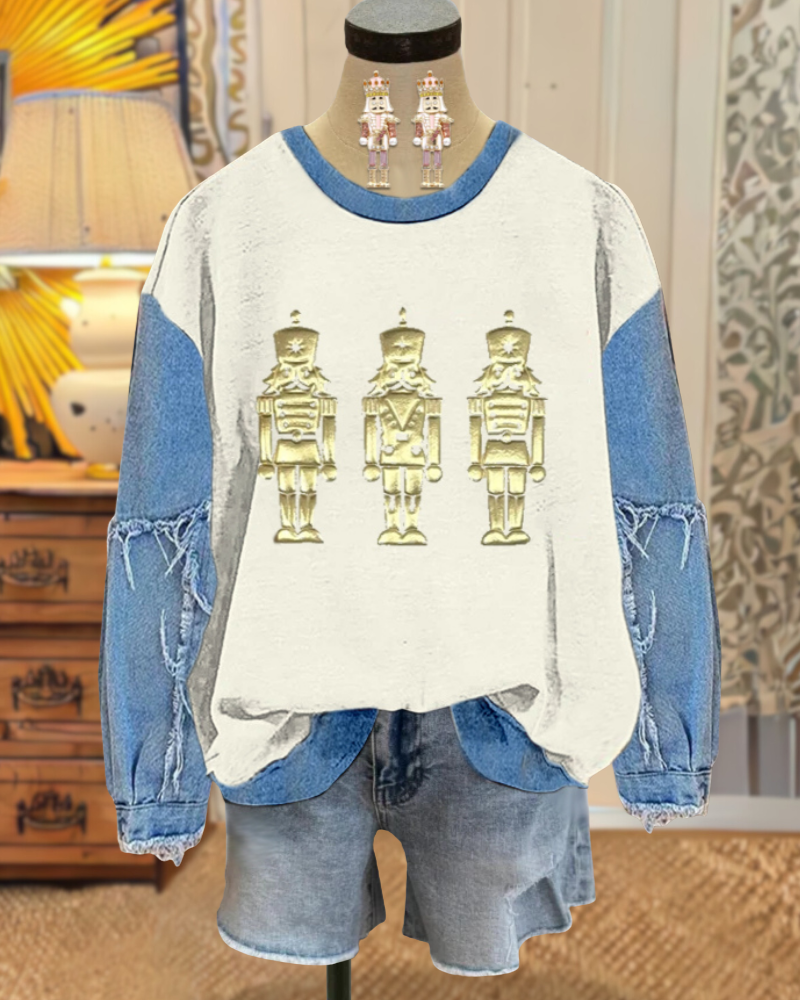 Nutcracker Soldier Denim Patchwork Sweatshirt