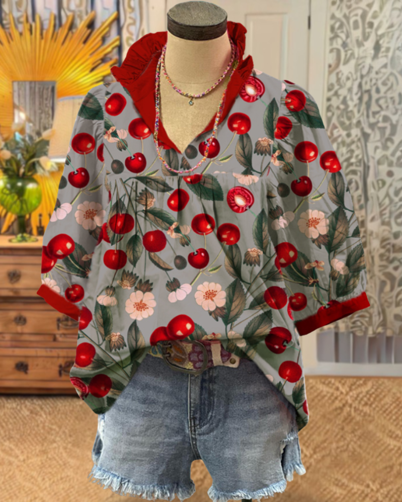 Cherry Ruffle V-Neck Top