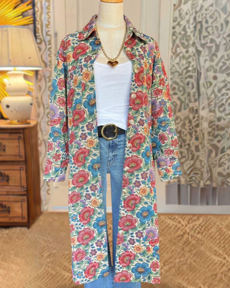 Retro Floral Button Long Jacket