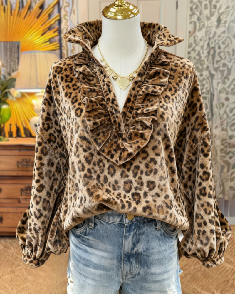 Leopard Plush Ruffled V-Neck Top